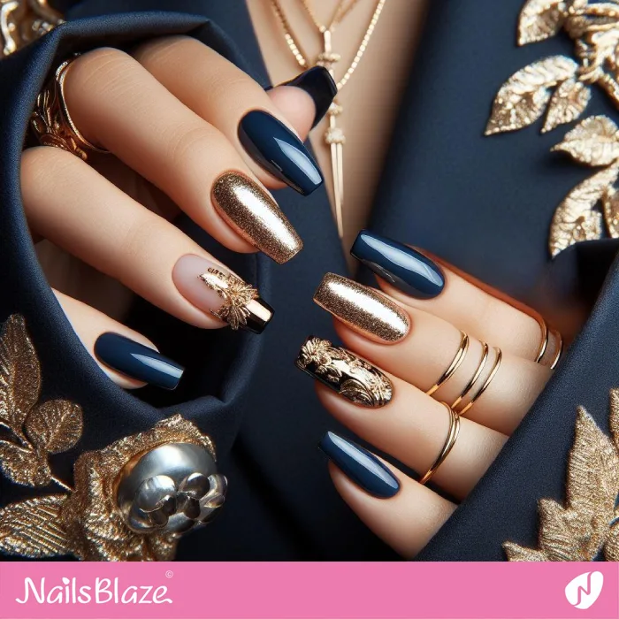 Navy Blue Nails with Gold Design | Foil Nails - NB4098